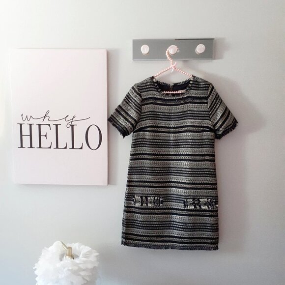 NWOT Darling black, gold & silver metallic fiber woven box shift holiday dress - Picture 4 of 10